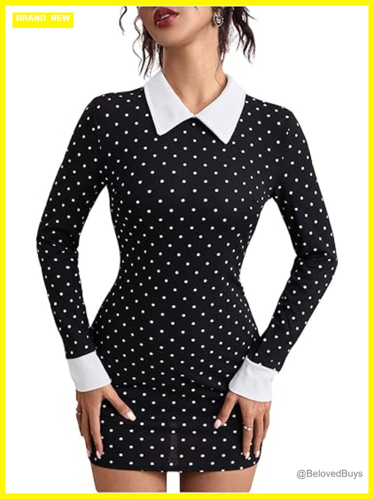 Polka Dots Contrast Collar Long Sleeve Bodycon Mini Dress